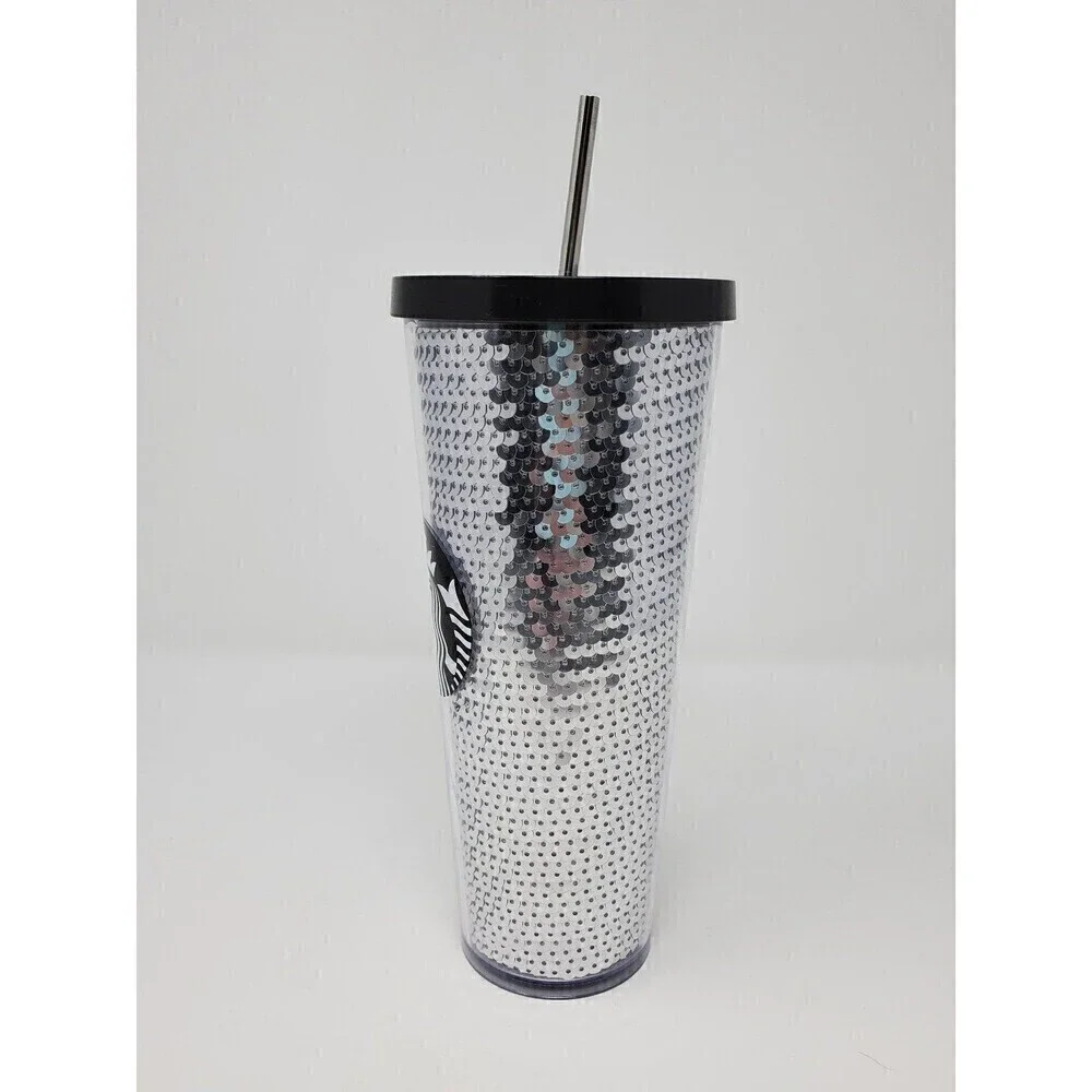 STARBUCKS VENTI ACRYLIC SILVER SEQUINS TUMBLER ICED COFFEE 24 FL OZ 2017 RETIRED